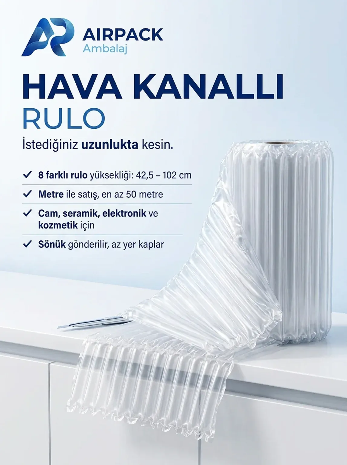 İstenilen uzunlukta kesilebilen hava kanallı rulo